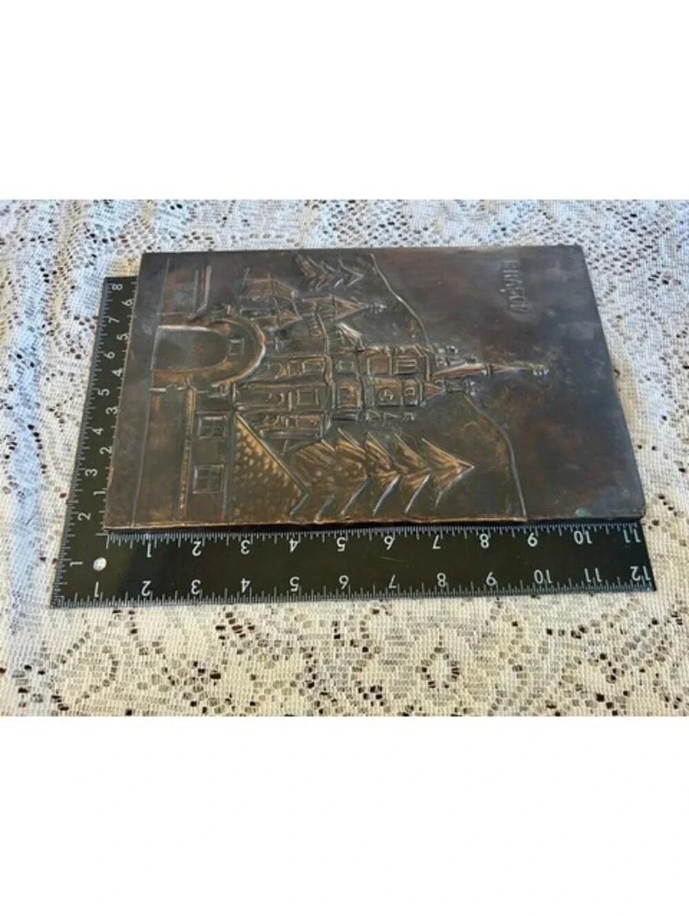 Vintage ARTA Brașov Copper Wall Art Plaque with Castle Design